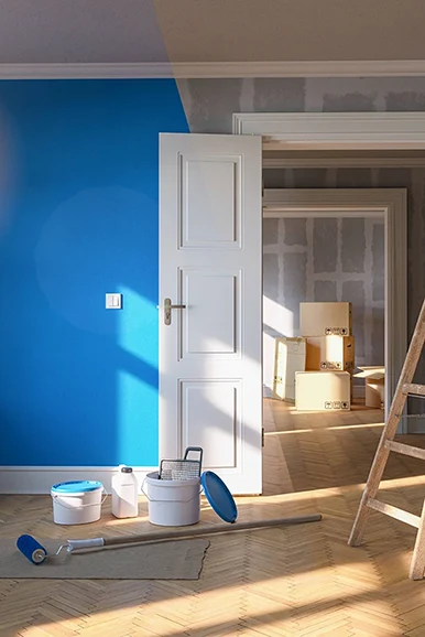 Before and after of an interior wall repainted in blue, Florida