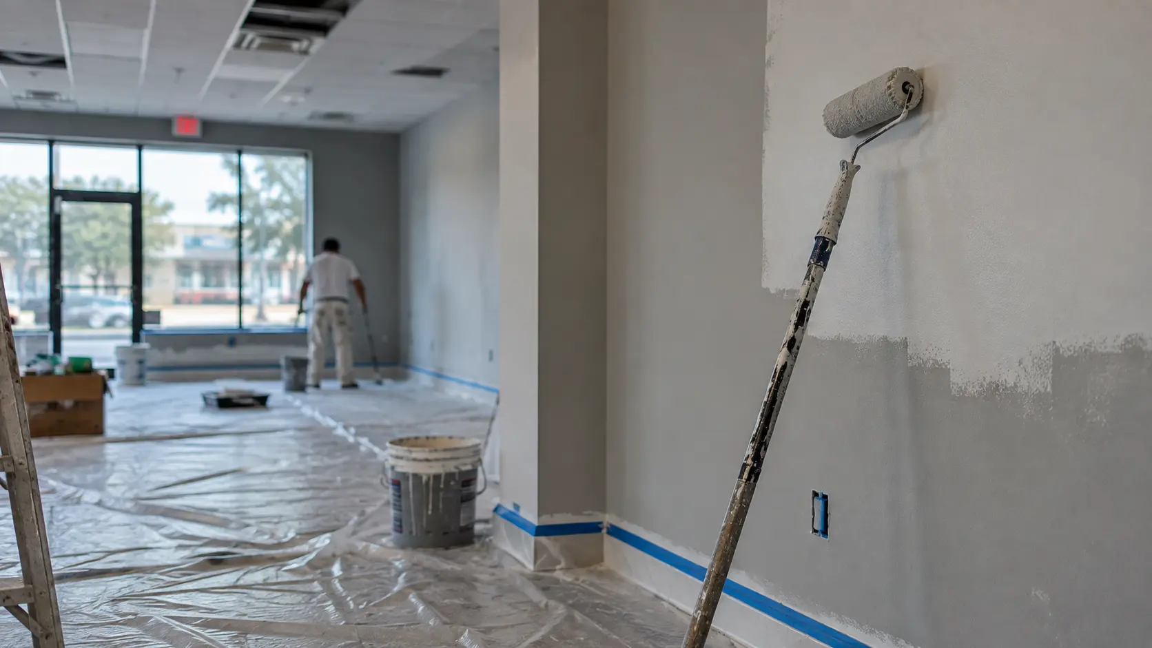 Commercial interior mid-project with floor protection in place and a roller on an extension pole against a freshly painted wall