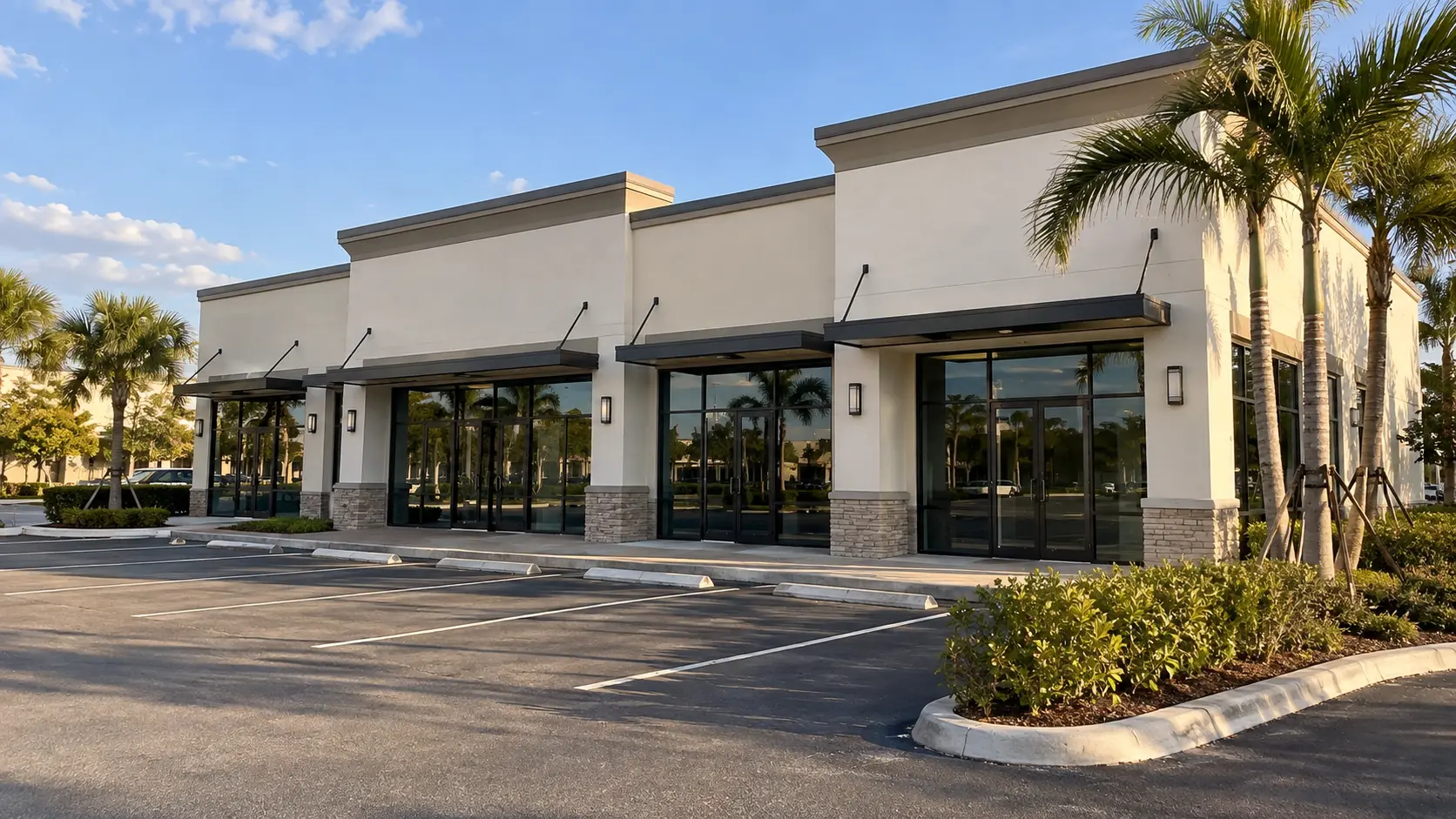 Single-story retail plaza with a freshly painted exterior, white trim and storefront glass