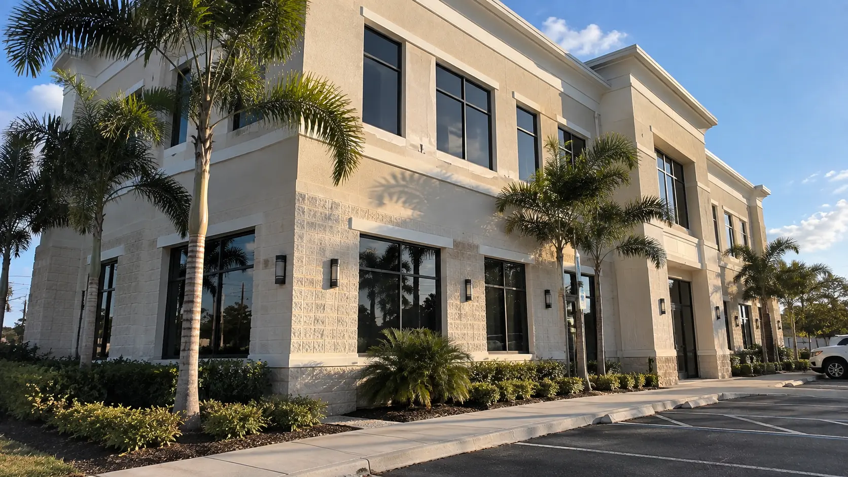 Two-story commercial office building with a freshly painted beige stucco exterior and white trim